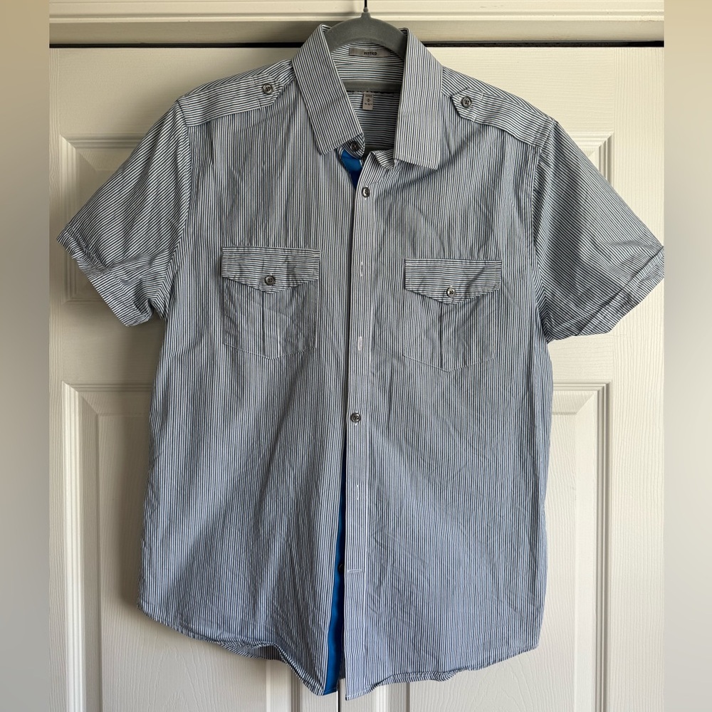 Express Fitted Blue/Black Striped Casual Shirt
